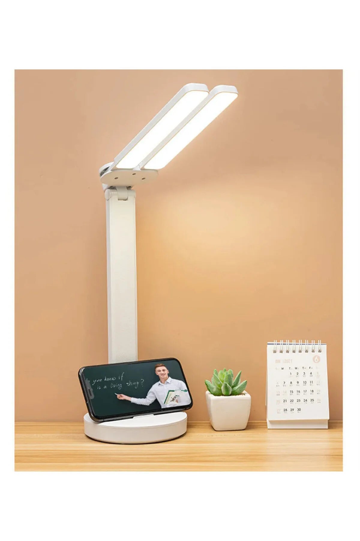 Dijital Saatli Termometreli Çift Kanatlı LED Masa Lambası - Kalemlikli Organizer Çalışma Lambası