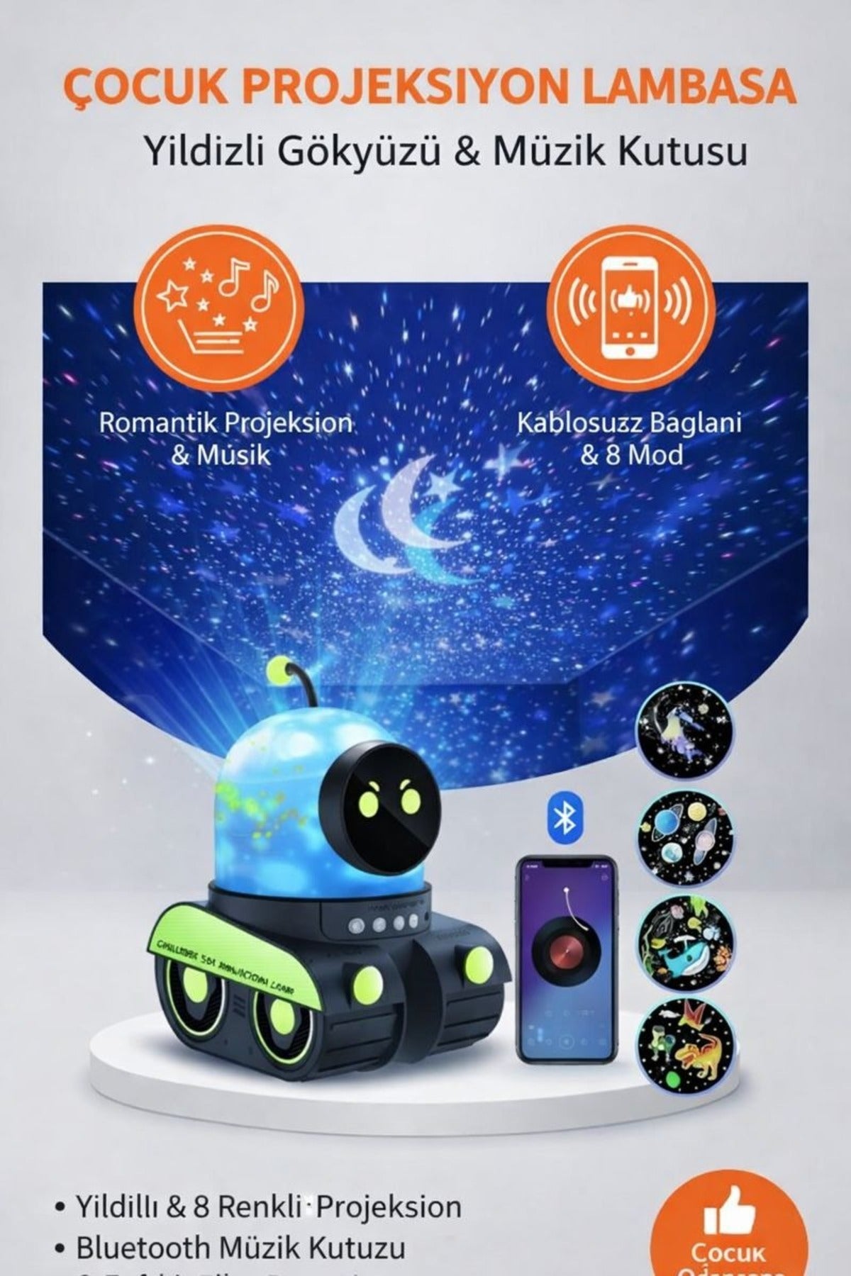 Çocuklar İçin Yıldızlı Gökyüzü Projeksiyon Lambası – Müzikli & Bluetooth