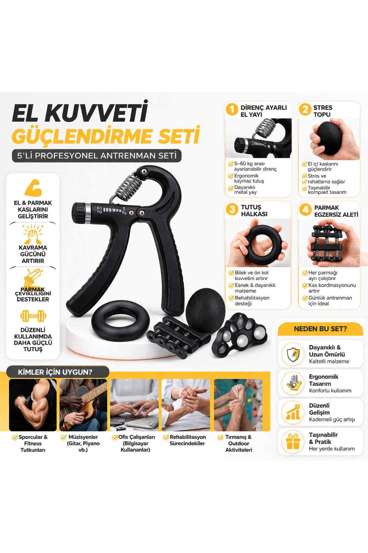 5’li El Kuvveti Güçlendirme Seti Ayarlanabilir Hand Parmak Egzersiz Aleti Seti