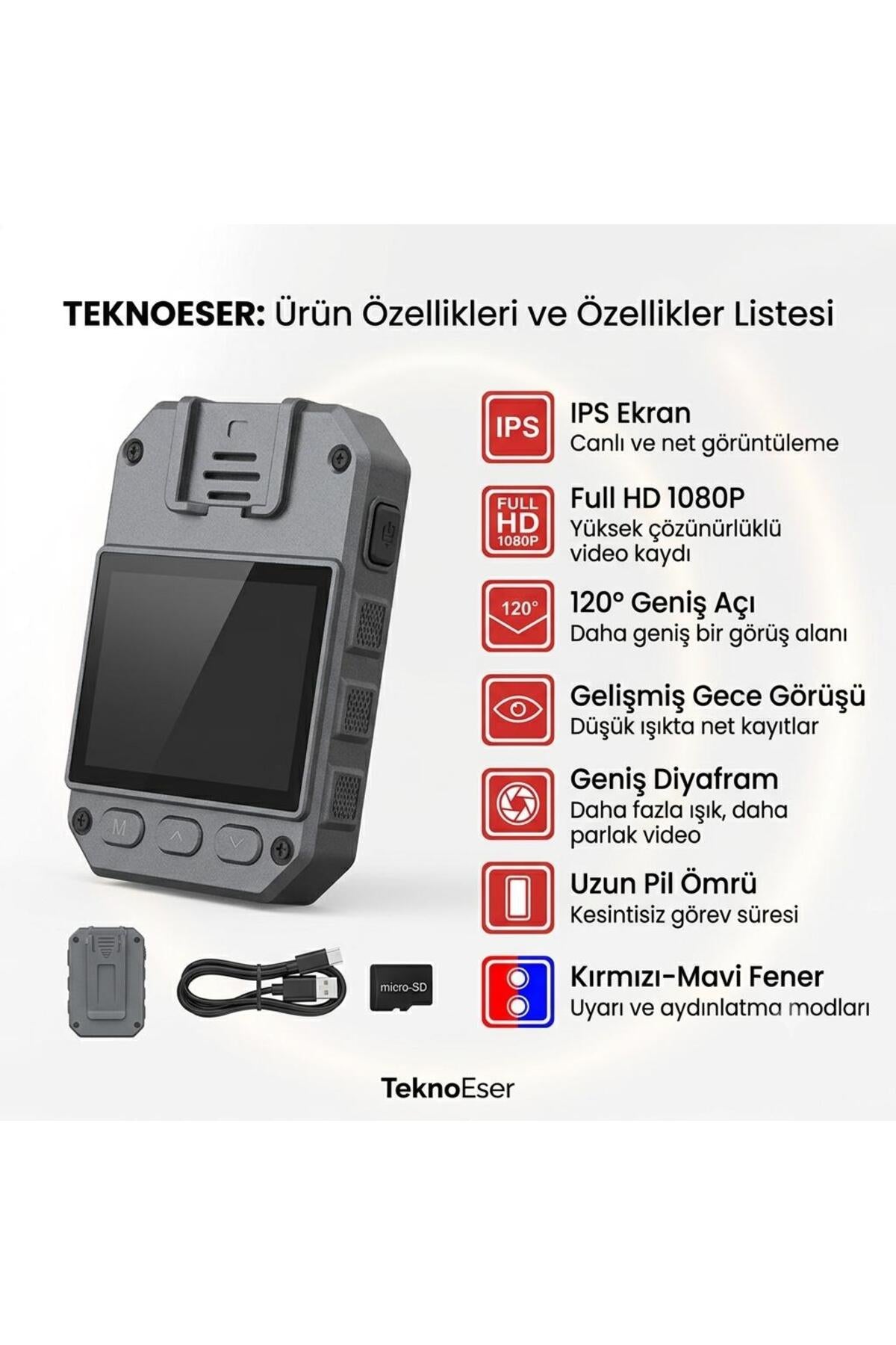 Full HD 1080P Gece Görüşlü Giyilebilir Vücut Kamerası - Wi-Fi IPS Ekranlı Kolluk Kuvveti Güvenlik Kamerası