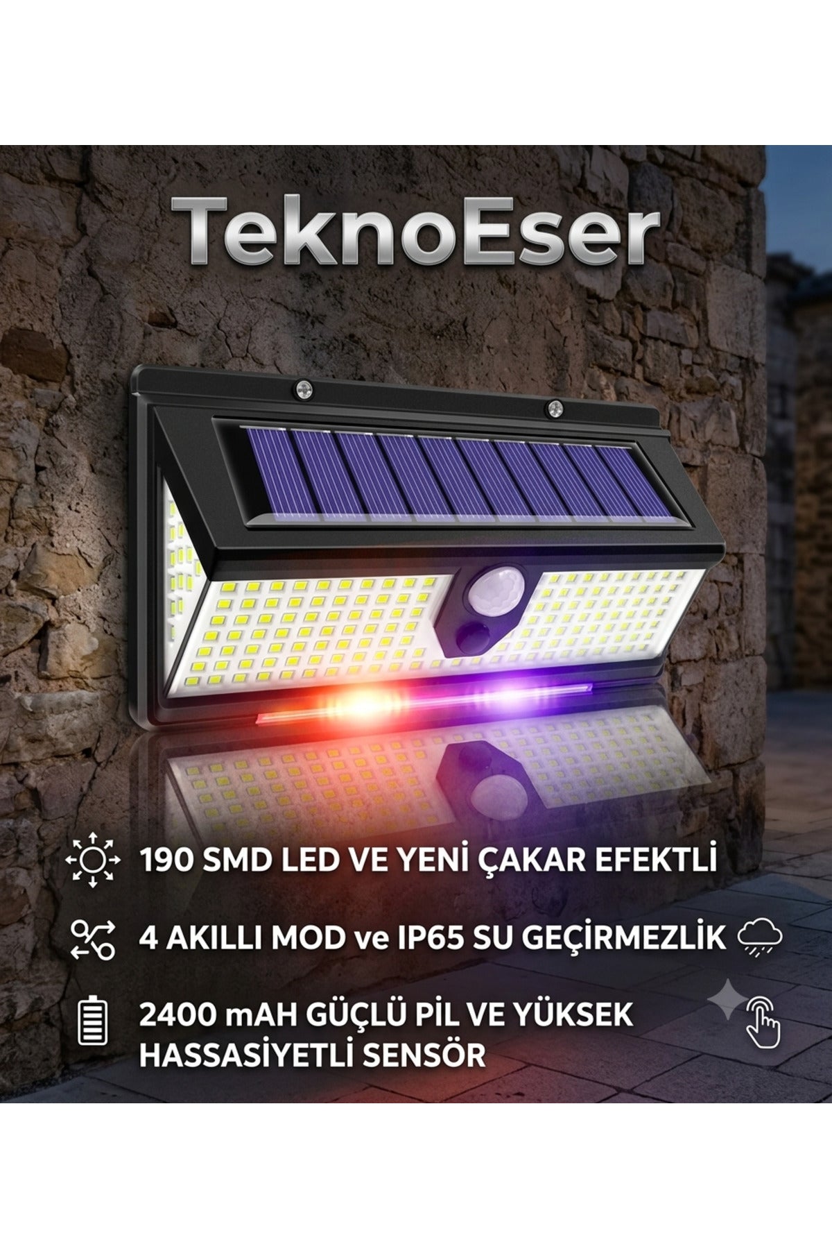 190 SMD LED Solar Bahçe Lambası - 4 Modlu Çakar Efektli Hareket Sensörlü Dış Mekan Aydınlatma