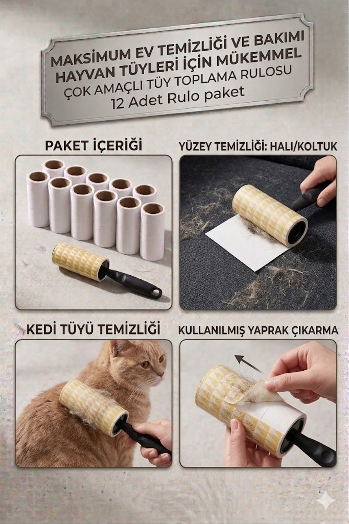 12li Tuy Toplama Rulosu ve 1 Adet Sap Seti Maksimum Temizlik Evcil Hayvan Tuy Temizleyici
