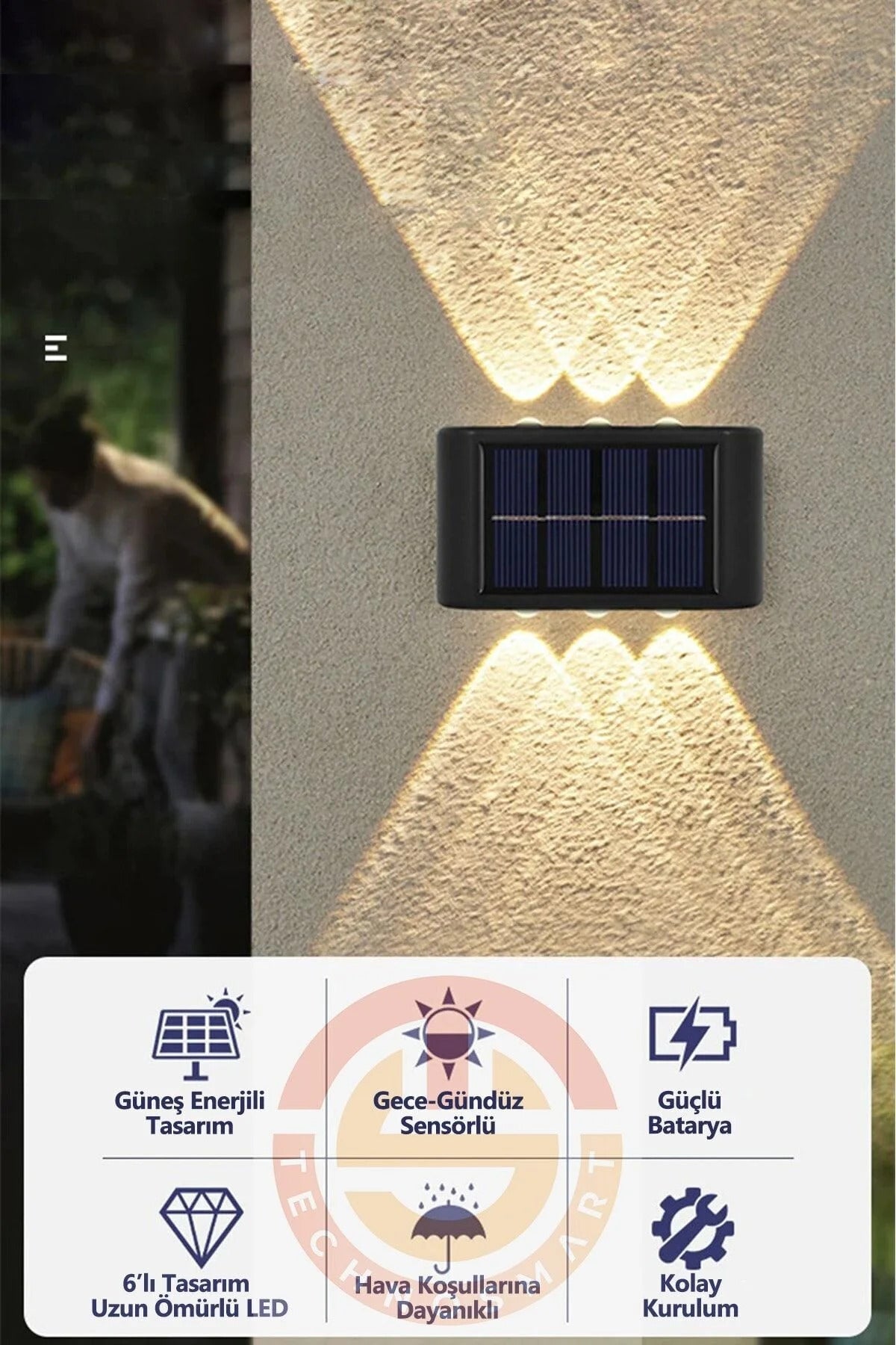 2 adet Solar Sensörlü Duvar Lambası – 6 LED Çift Yönlü Aydınlatma, Güneş Enerjili Dış Mekan Apliği