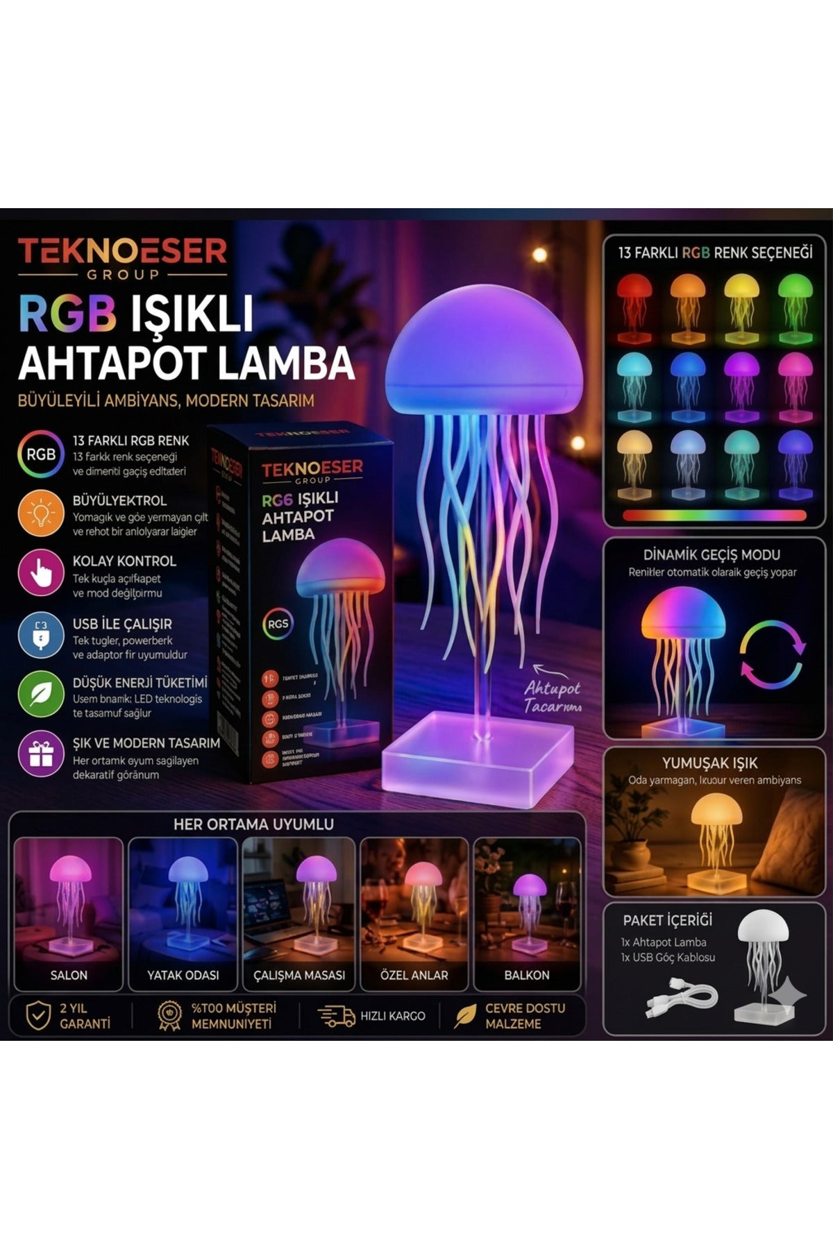 RGB Işıklı Ahtapot Lamba 13 Renkli Denizanası Gece Lambası Dinamik Geçiş Modlu USBli Dekoratif Masaüstü Aydınlatma