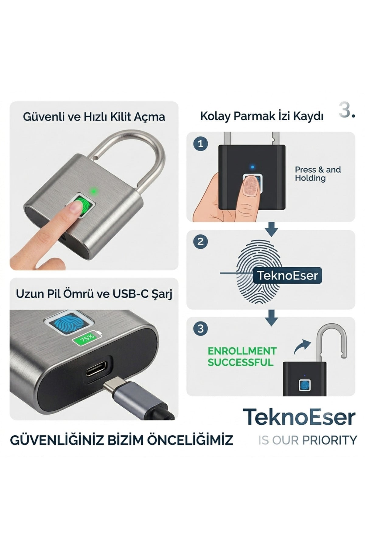 Parmak İzi Asma Kilit - Biyometrik Akıllı Kilit USB Şarjlı 10 Parmak İzi Hafıza