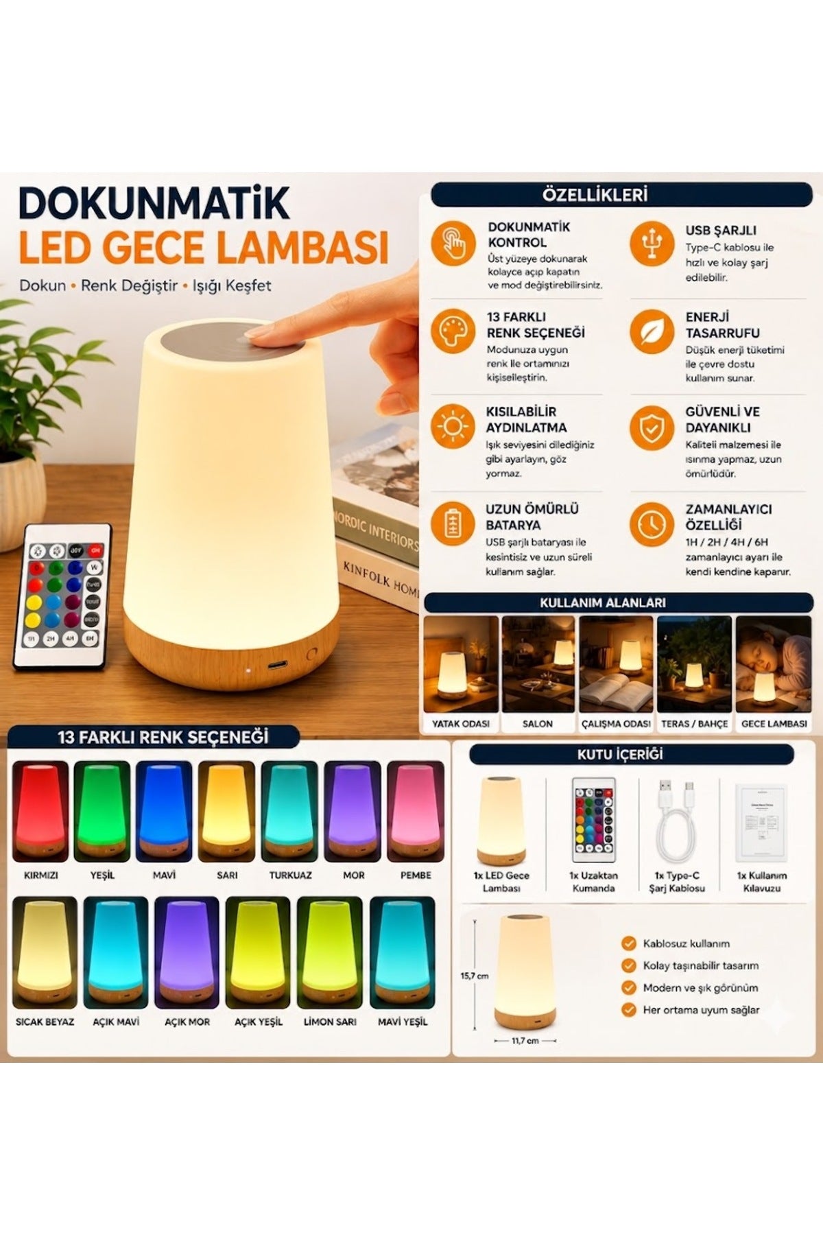 Dokunmatik LED Gece Lambasi USB Sarjli Kumandali 13 Renk Modlu Masa Lambasi Dekoratif