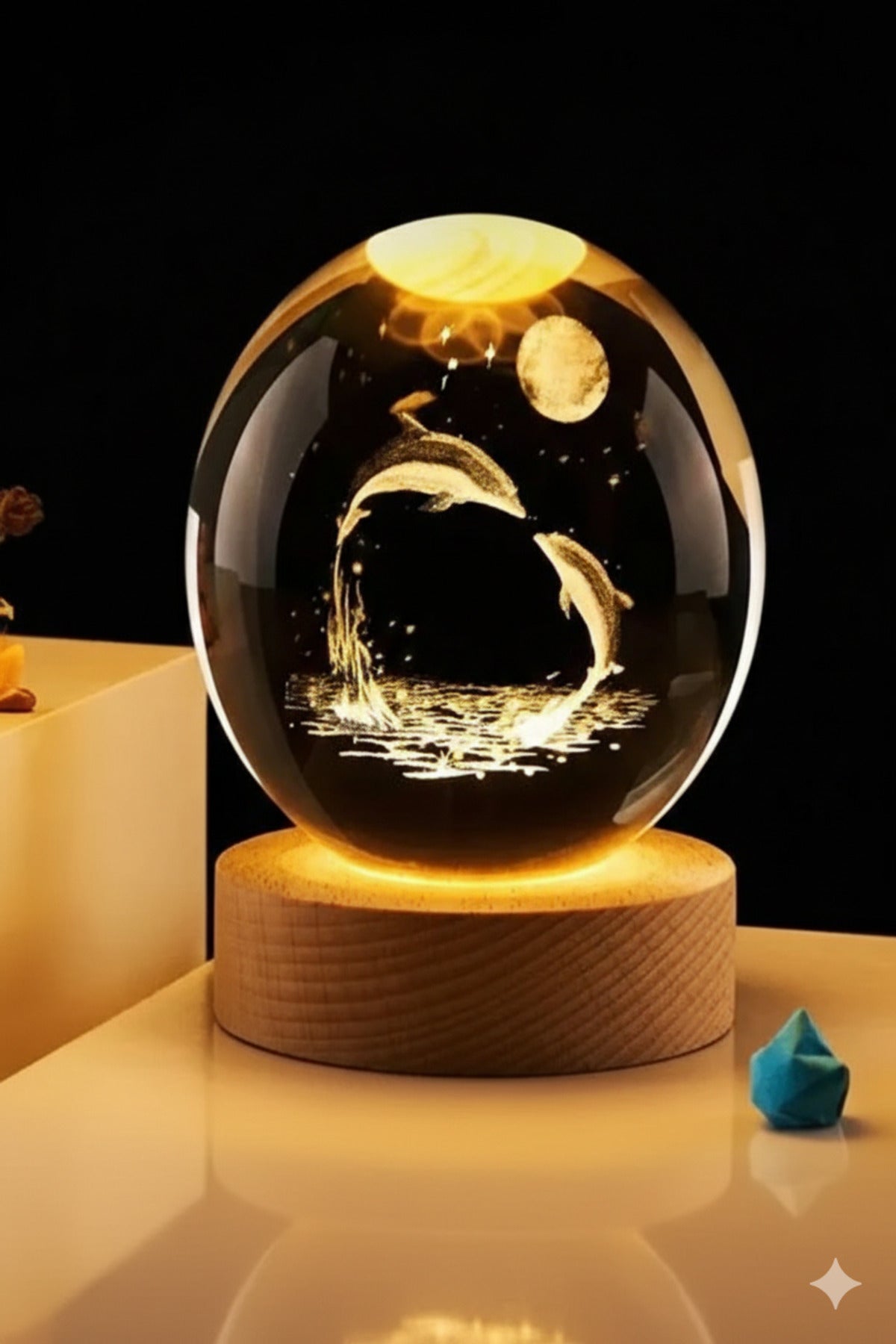 3D Yunus Figürlü Kristal Cam Küre Gece Lambası - Ahşap Kaideli Lazer İşlemeli Dekoratif Işıklı Küre