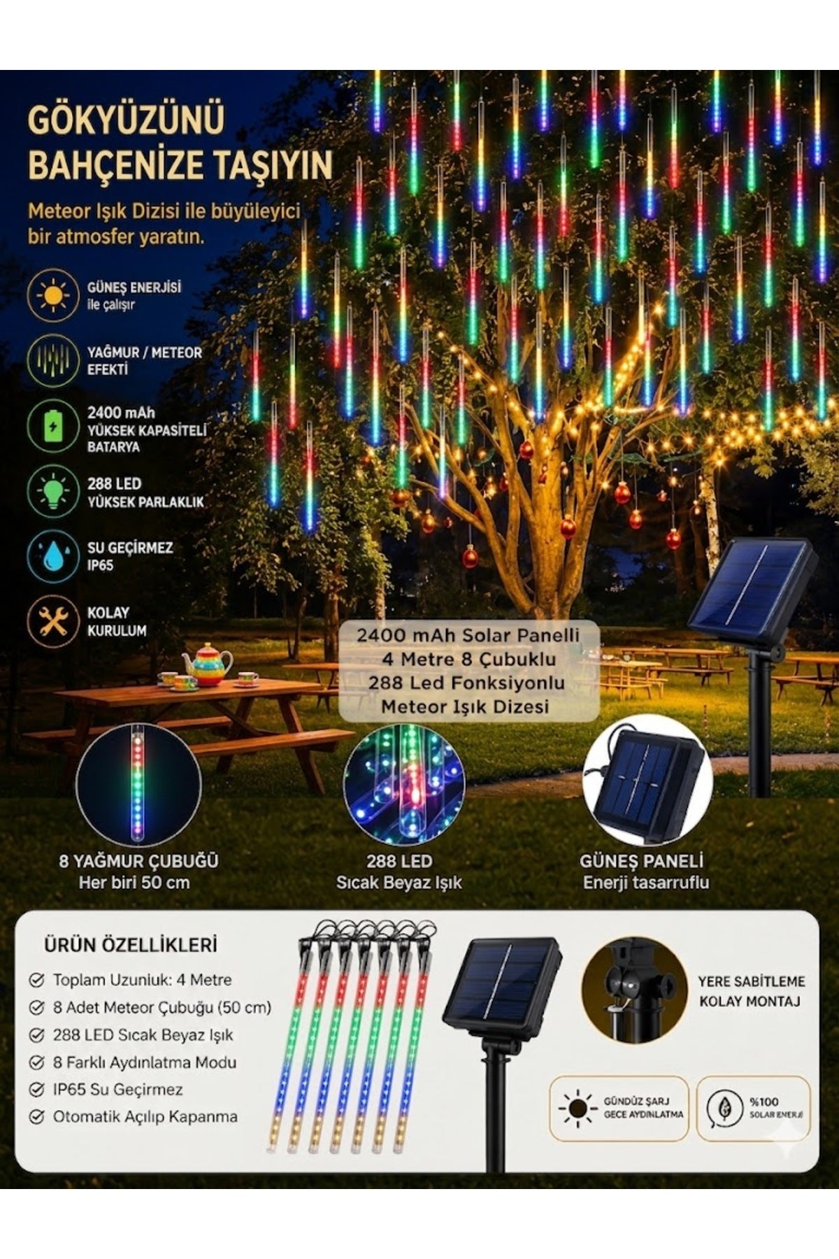 Solar Gunes Enerjili Meteor Yagmuru Led Isik 8 Cubuklu 4 Metre 288 LED Su Gecirmez Bahce