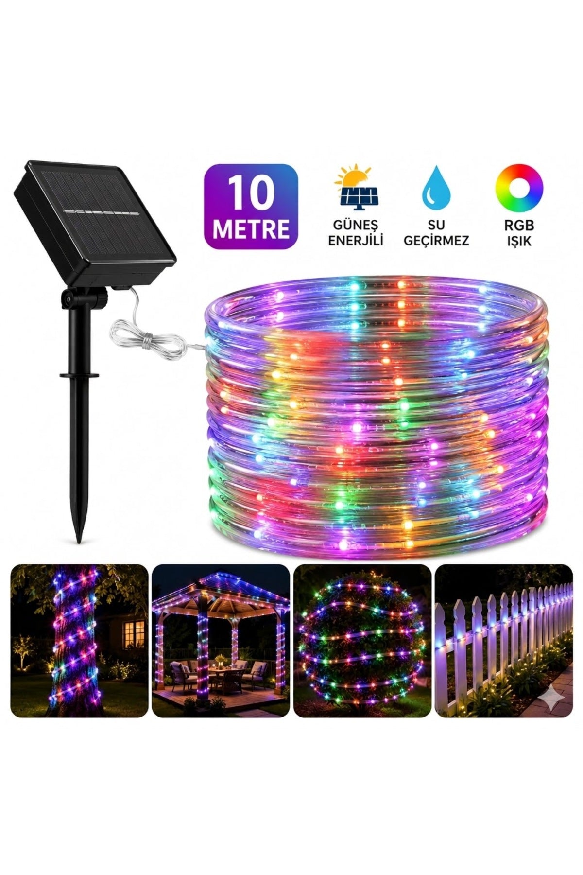 10 Metre Güneş Enerjili RGB LED Hortum Işık Kumandalı Su Geçirmez Bahçe Balkon Dış Mekan Aydınlatma