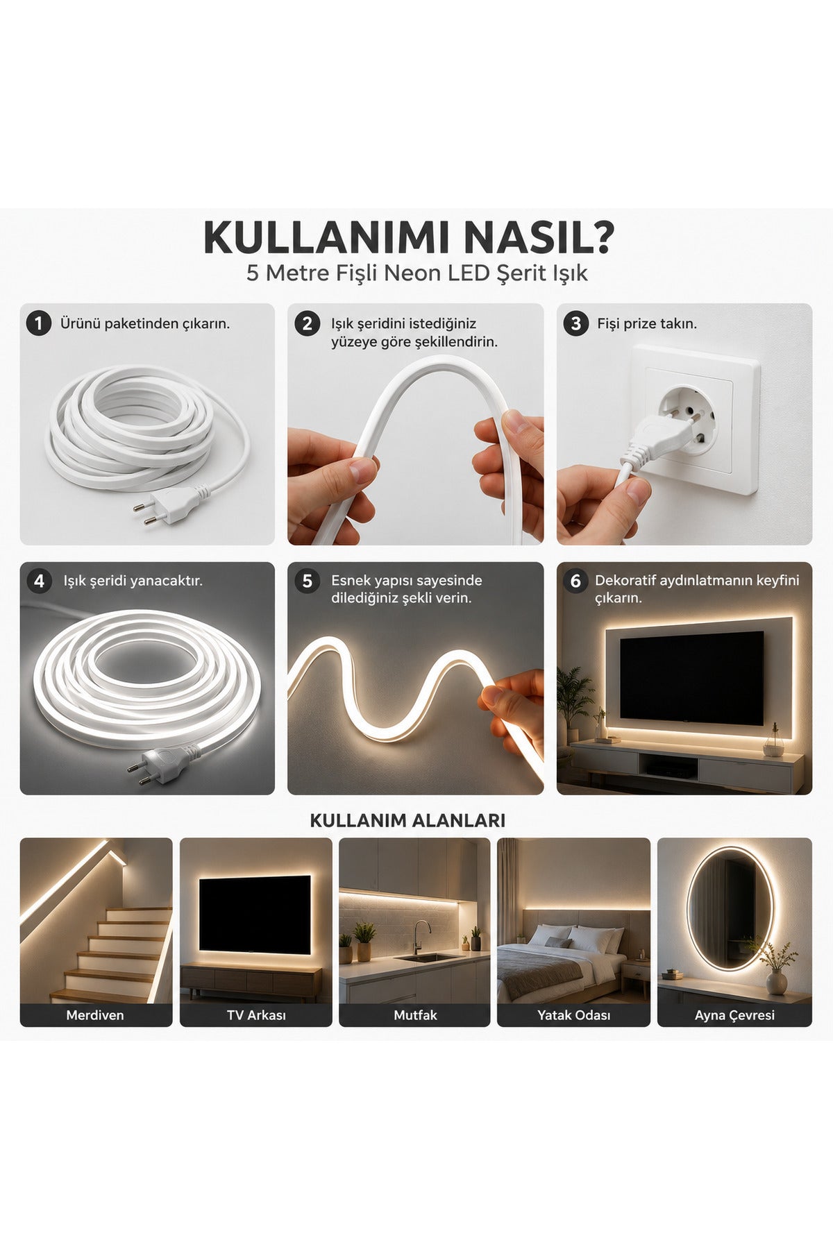 5 Metre Fişli Neon LED Şerit Işık – Beyaz Esnek Silikon Dekoratif İç Mekan Aydınlatma