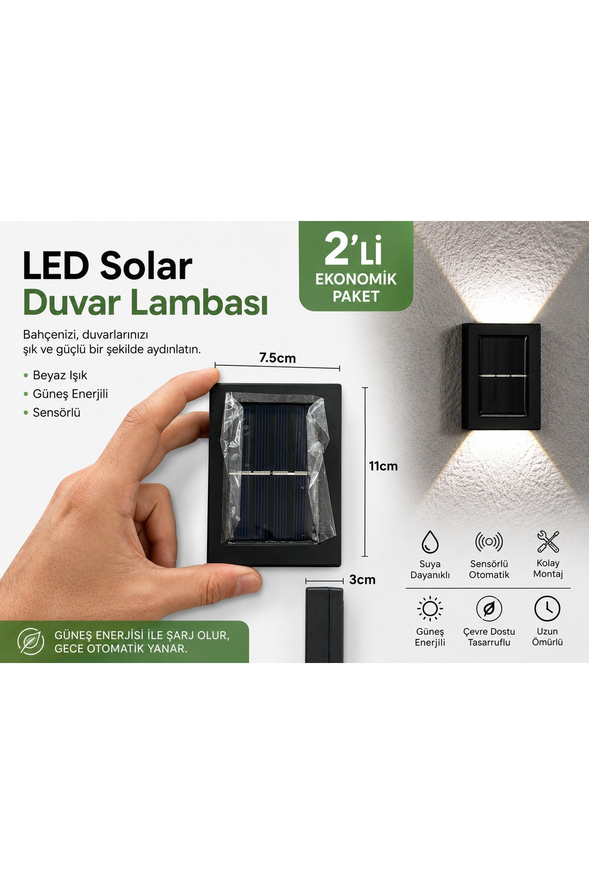 2’li Solar LED Bahçe Duvar Lambası Güneş Enerjili Su Geçirmez Dış Mekan Aydınlatma Beyaz Işık