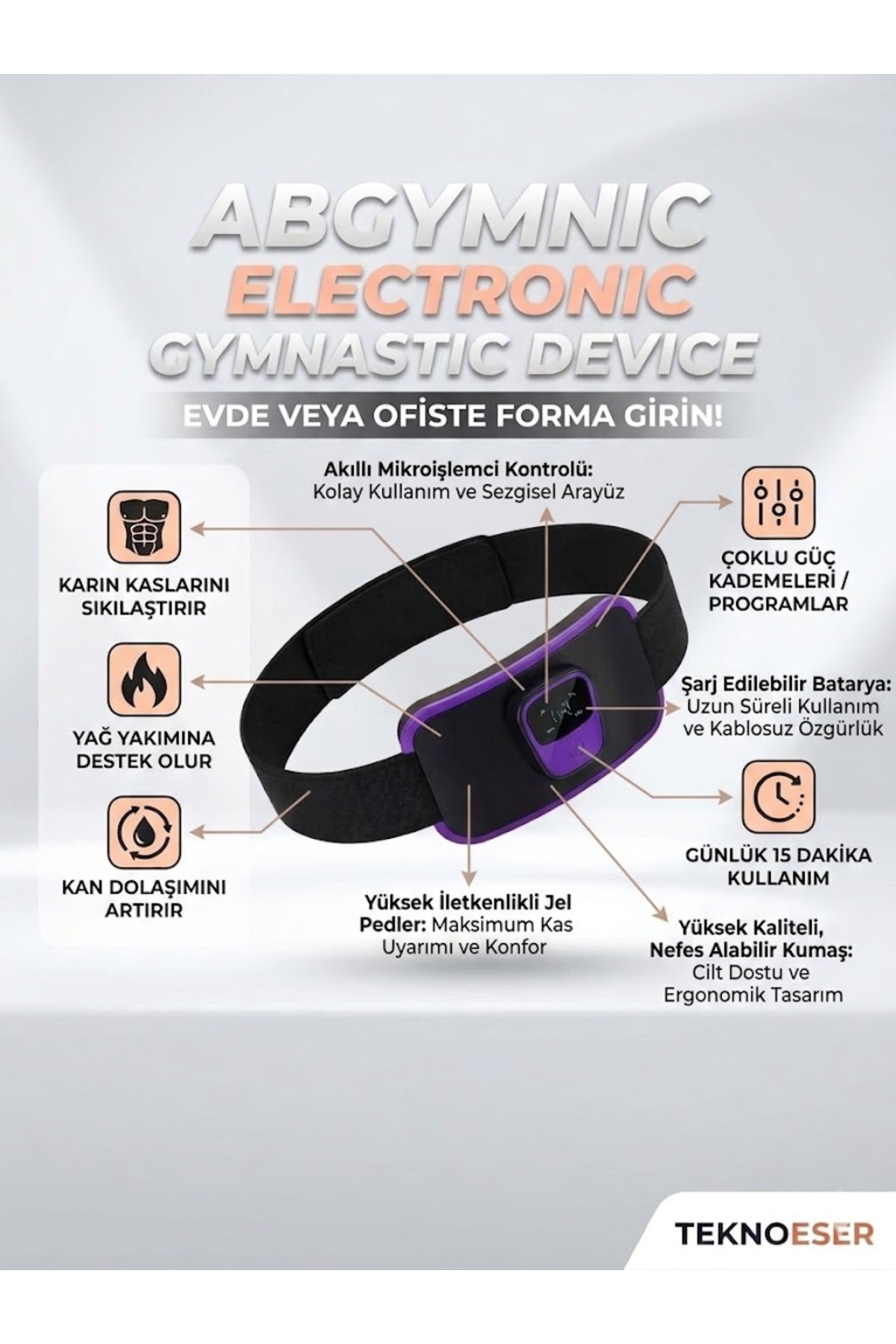 EMS Karın Kası Kemeri – Elektrikli Göbek Eritme Fitness Kas Stimülatörü Zayıflama Masaj Aleti