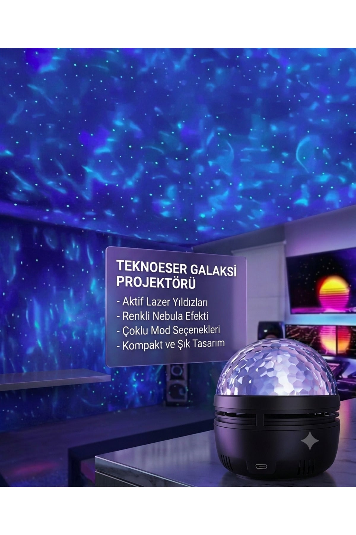 Galaksi Projektörü - Renkli Nebula Efektli Yıldız Yansıtmalı Gece Lambası