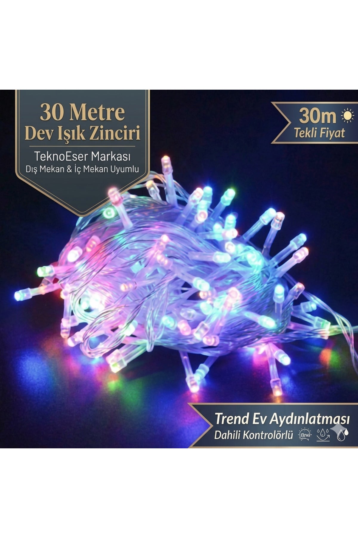30 Metre Dev Işık Zinciri RGB Çok Renkli Dahili Kontrolörlü Yılbaşı Ağacı Bahçe ve Oda Süsleme Led Işık