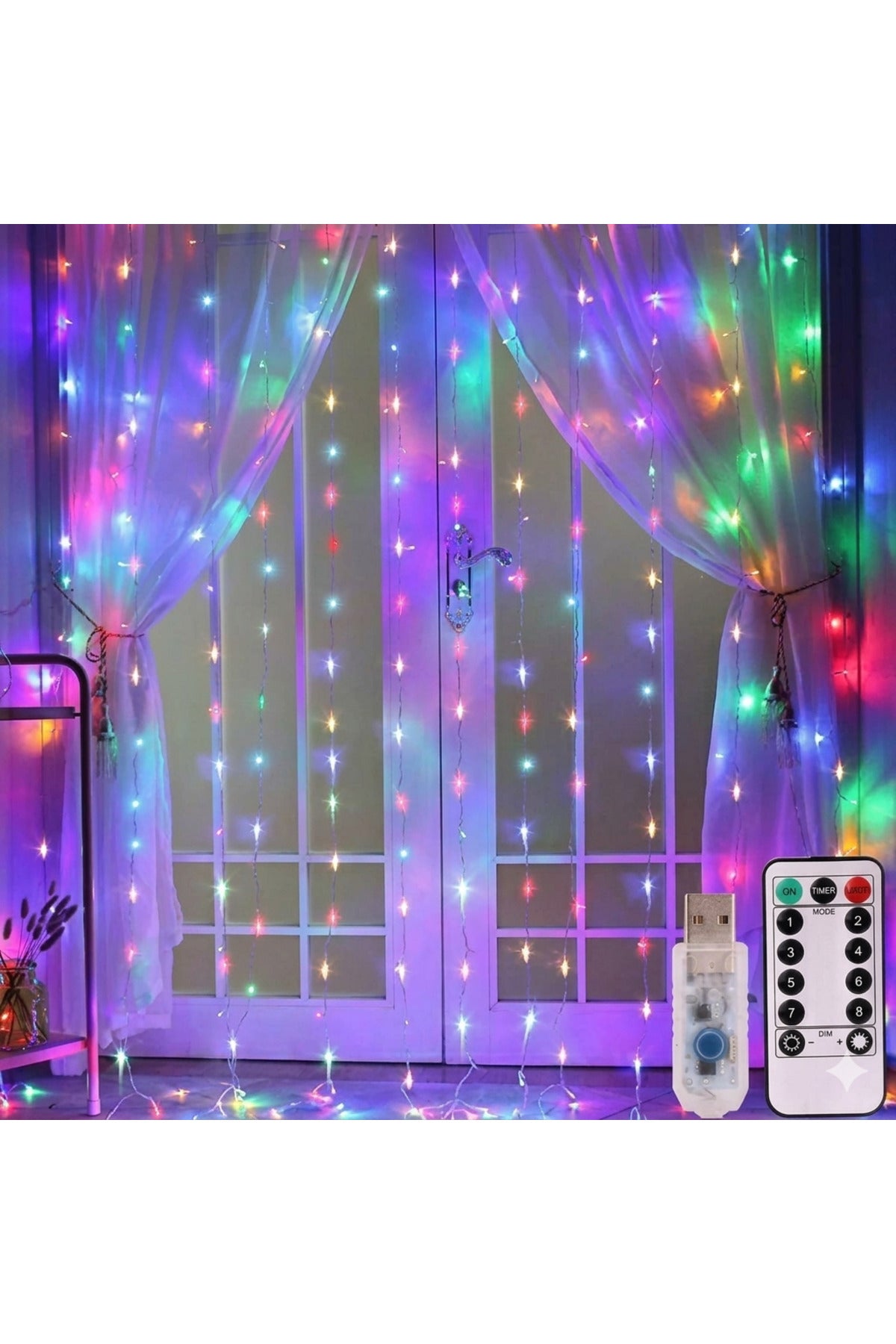 Rengarenk Fonksiyonlu Peri Led Perde Işık - 8 Modlu Kumandalı Zamanlayıcılı Animasyonlu USB Mikro Led