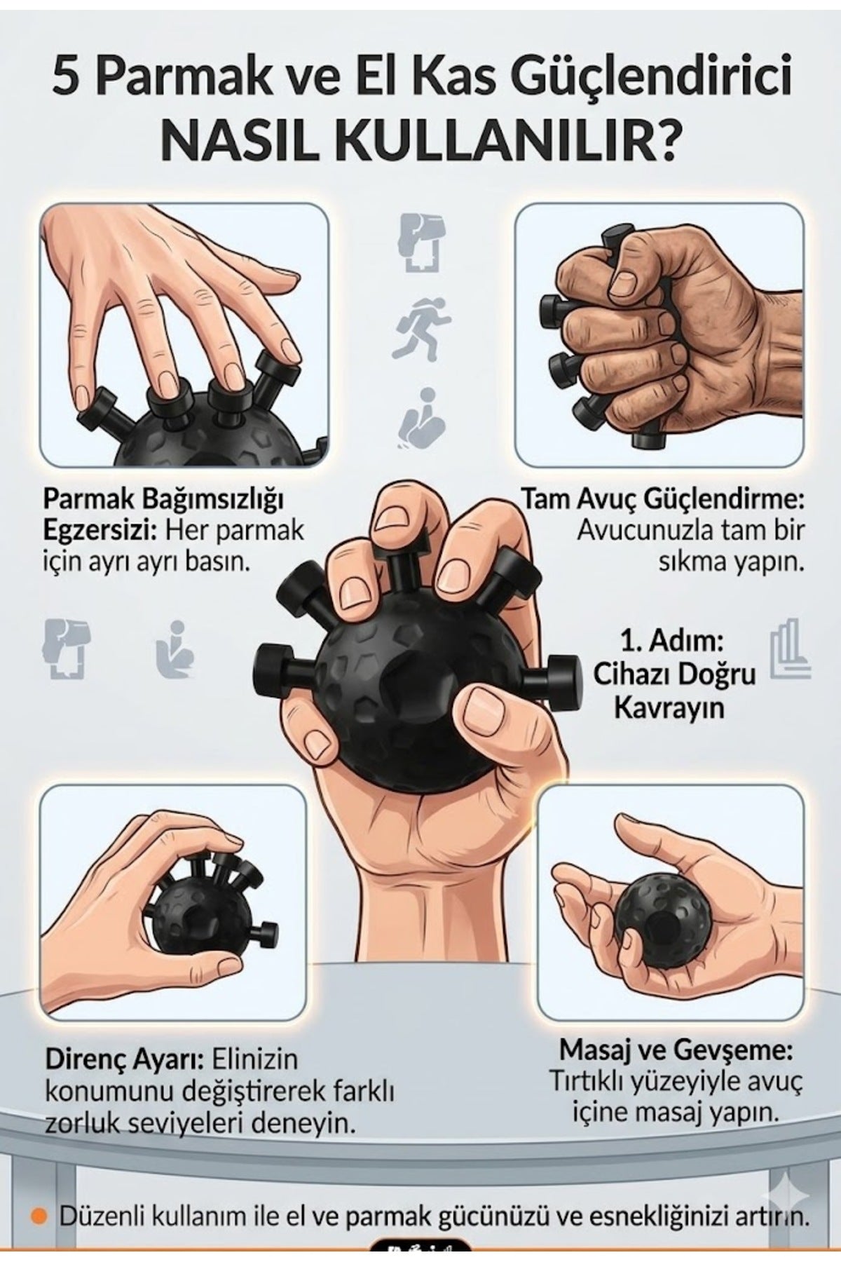5 Parmak ve El Kas Güçlendirici Top - Kaymaz Kauçuk Masaj Özellikli El Egzersiz ve Direnç Aleti