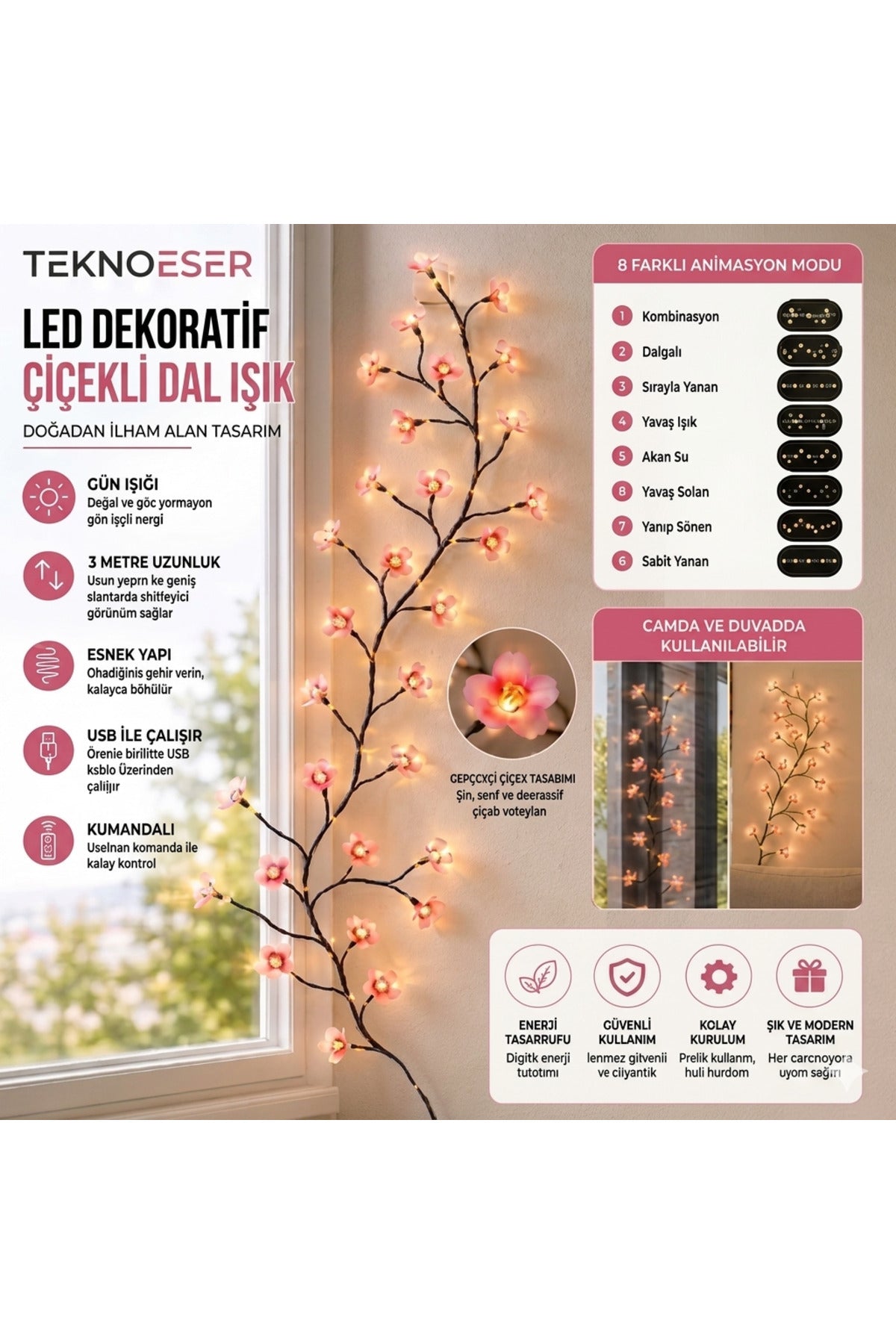 3 Metre Kumandalı Çiçekli Dal Led Işık 8 Modlu Gün Işığı Yapay Sarmaşık Cam ve Duvar Süsleme USBli Dekoratif Aydınlatma