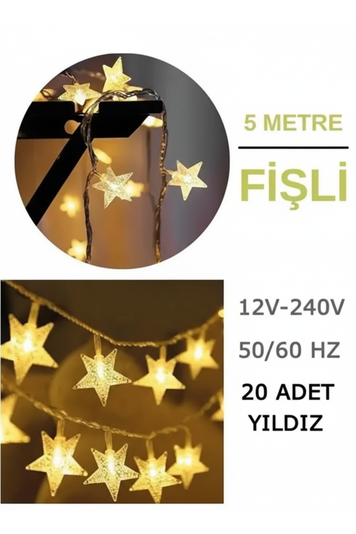 Dekoratif Yıldız Led Işık Zinciri 5 Metre 28 led Prizli Gün Işığı Fişli Yılbaşı Aydınlatması