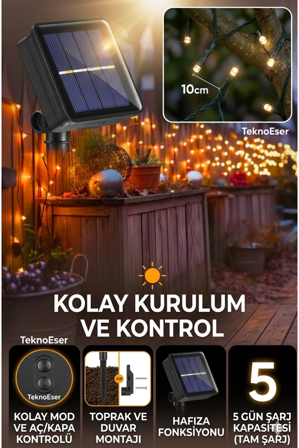 Solar Güneş Enerjili LED Işık Zinciri – 10 Metre 100 LED Dekoratif Bahçe Aydınlatma Su Geçirmez