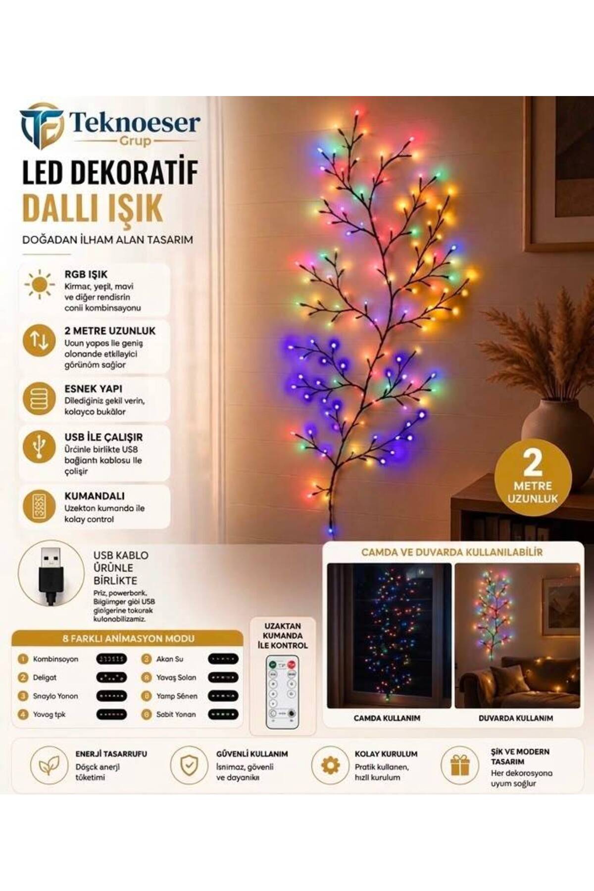 2 Metre Kumandalı RGB Renkli Dallı Led Işık 8 Modlu Yapay Sarmaşık Cam ve Duvar Süsleme USBli Dekoratif Aydınlatma