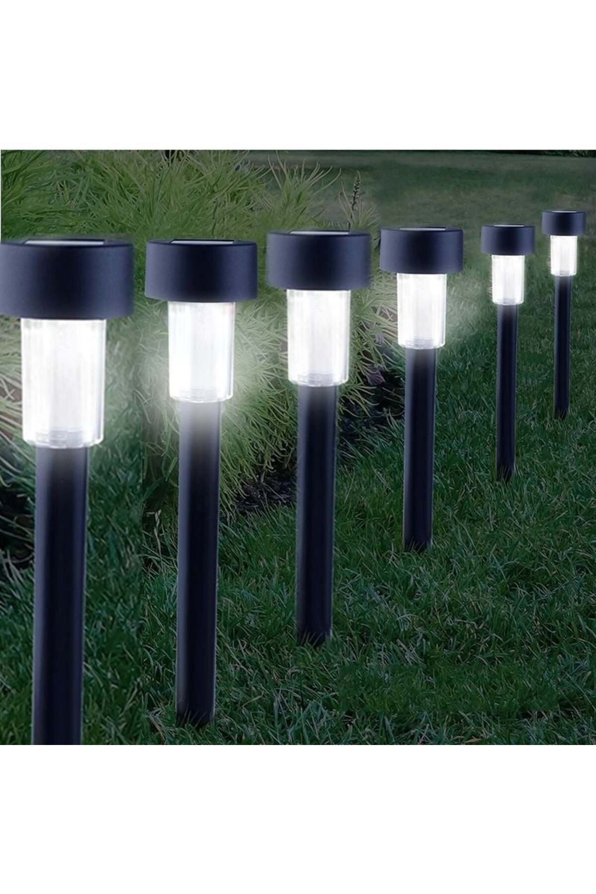 10’lu Set Güneş Enerjili LED Bahçe Aydınlatması, Gün Işığı Renk, Siyah Gövde, Toprak Çakmalı