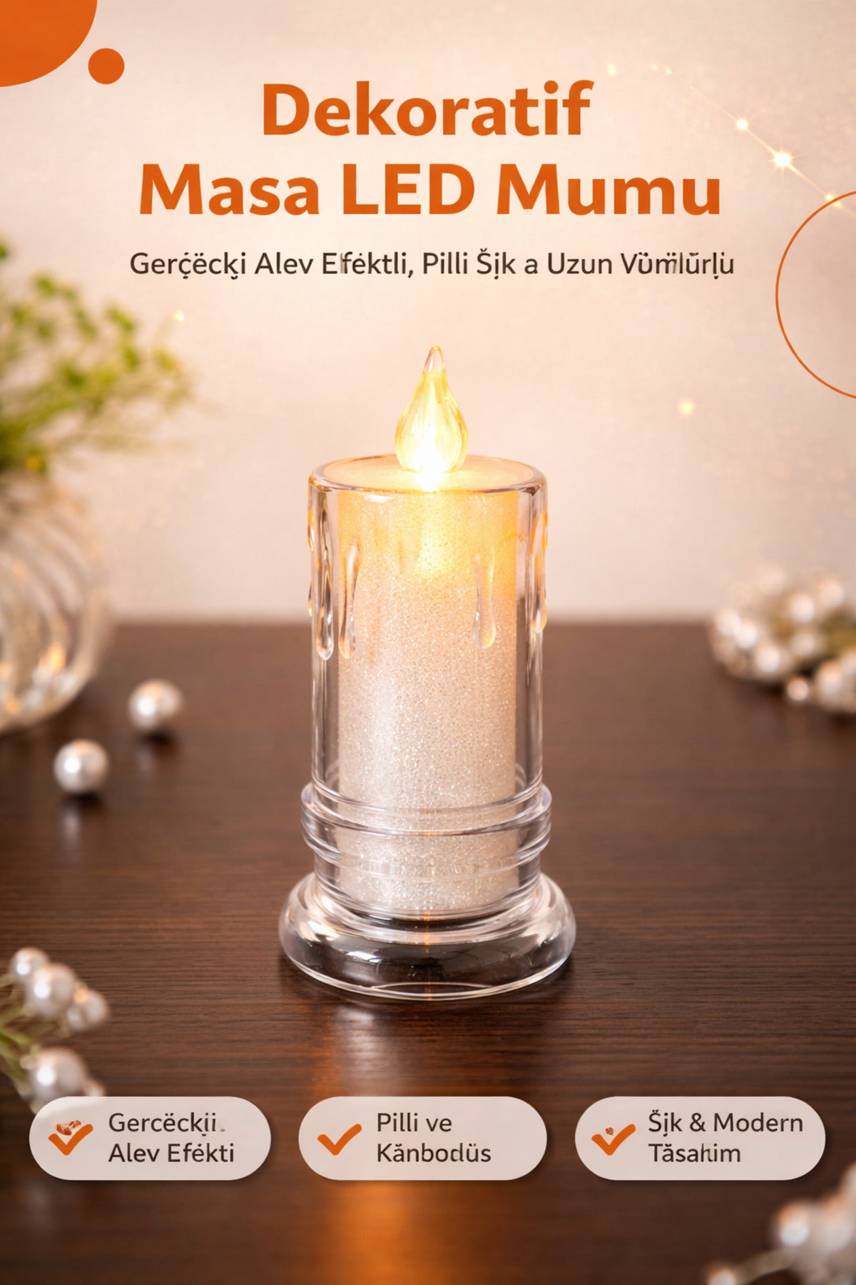 Büyük Boy Dekoratif LED Mum – Gerçekçi Alev Efektli, Pilli, Şık ve Güçlü Aydınlatma