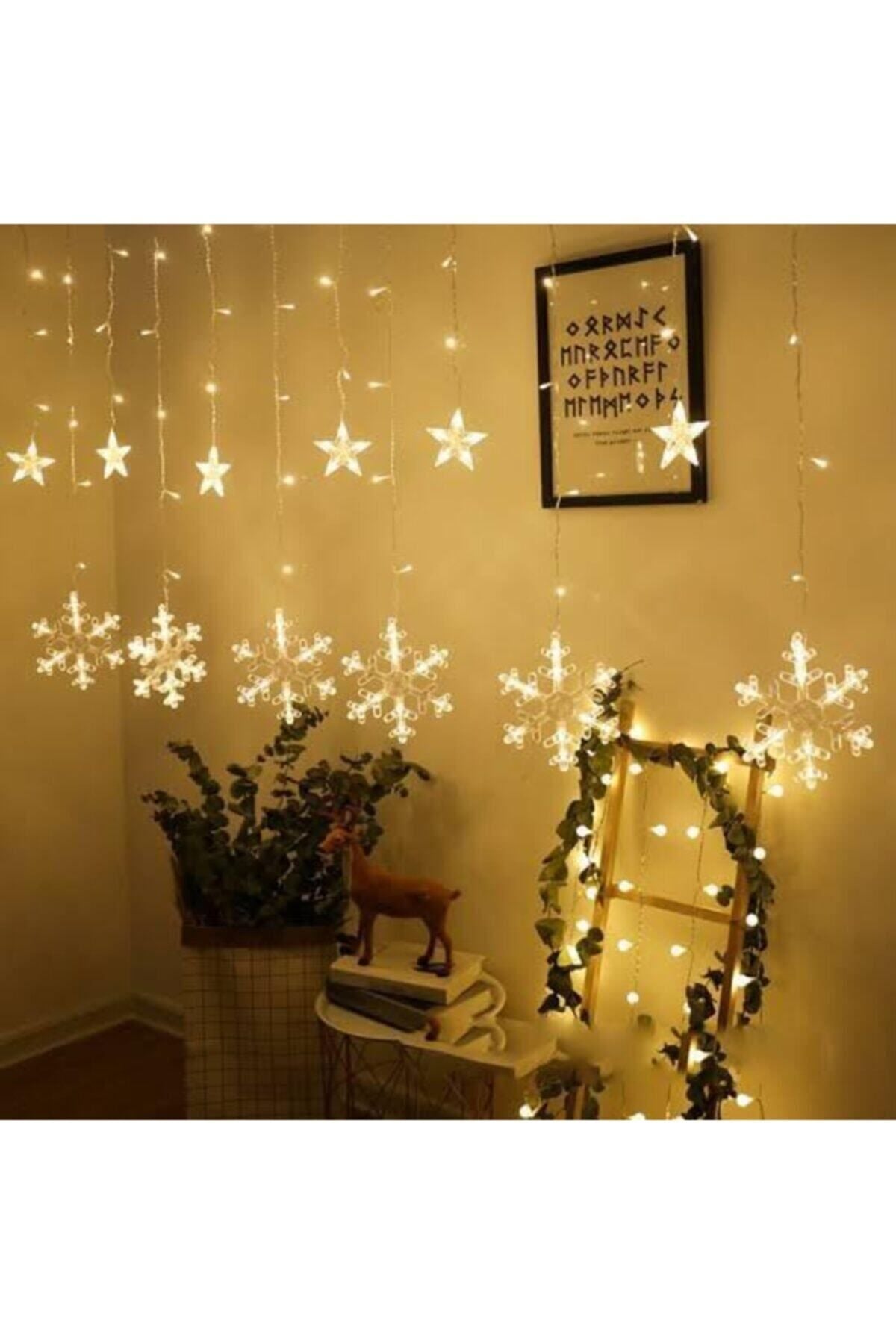 Kar Tanesi Yıldızlı Perde 120 Led, 3×2metre Gün Işığı Led Işık Fişli, 3 Fonksiyonlu 12 Saçak