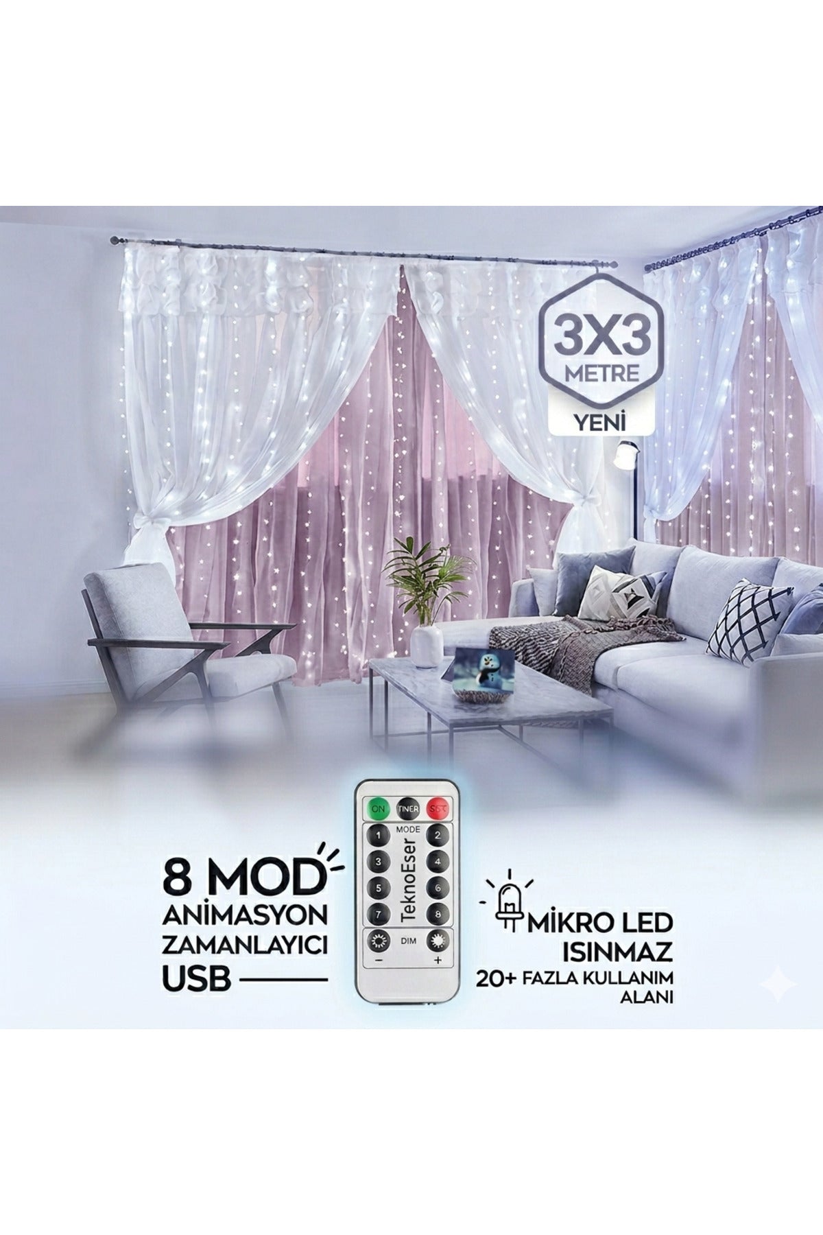 3x3 Metre Kumandali Beyaz Peri Led Perde Isik 8 Fonksiyonlu Zamanlayicili Animasyonlu USB