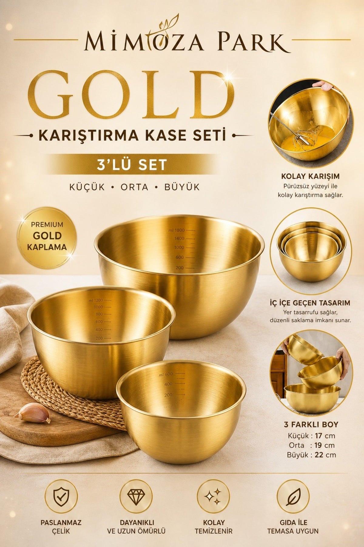 3'Lü Gold 304 Paslanmaz Çelik Karıştırma Ve Salata Kasesi Çırpma 1800-1400-800 ML