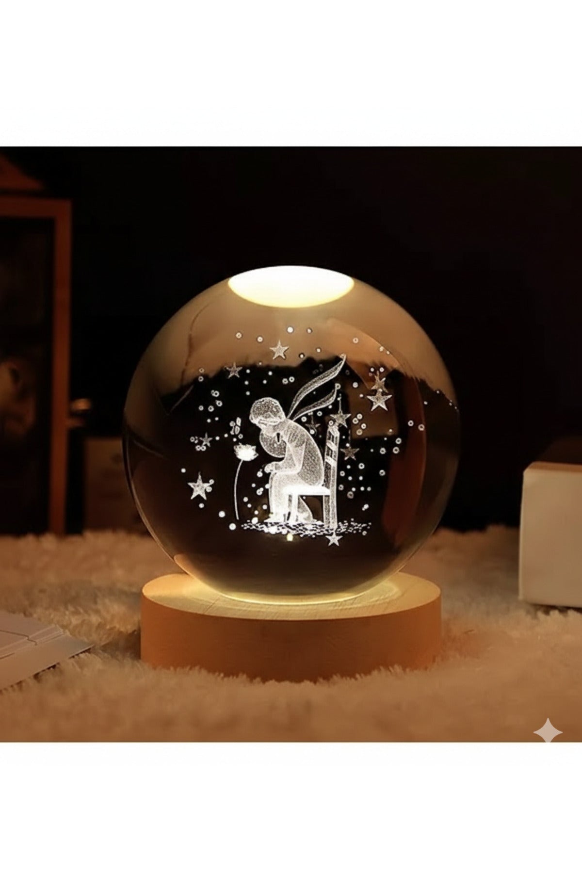 Küçük Prens Gül Tasarımlı Kristal Cam Küre Gece Lambası Ahşap Işıklı Dekoratif Masa Lambası USB