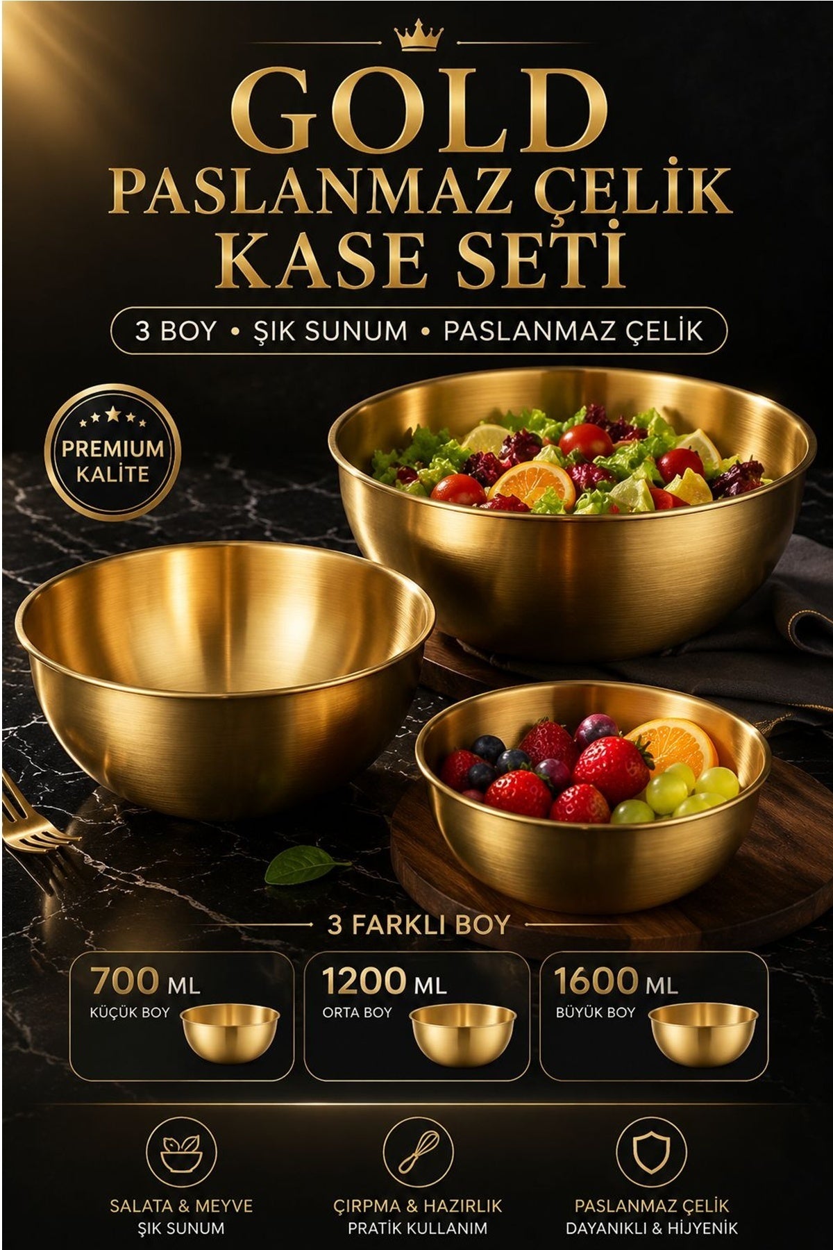 3'Lü Gold Paslanmaz Çelik Karıştırma Ve Salata Kasesi Çırpma Karıştırma Kase Seti (17CM-19CM-22CM)