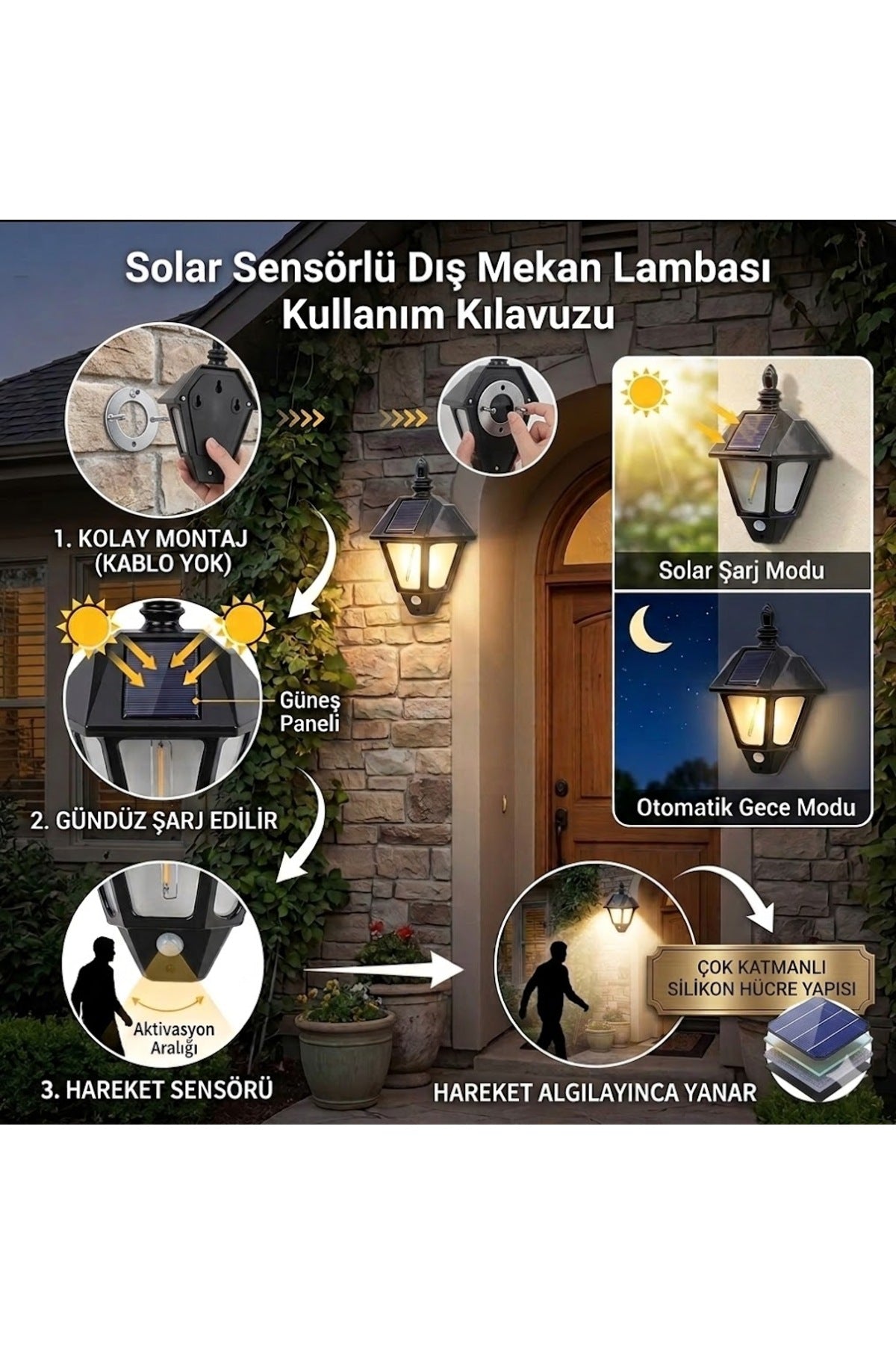 Güneş Enerjili Sensörlü Dış Mekan Bahçe Lambası - Klasik Fener Görünümlü Duvar Aydınlatması