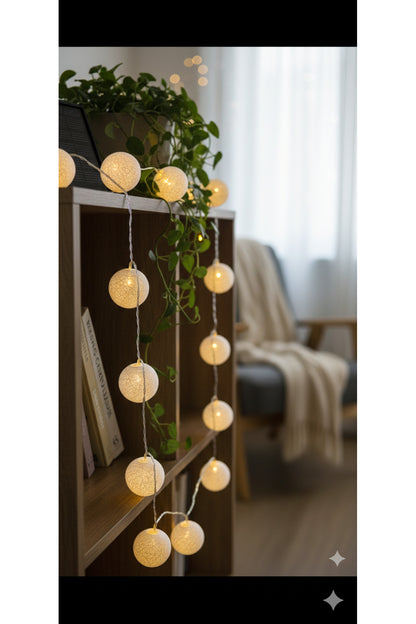 3 Metre 10 Top Cotton Ball LED Işık Zinciri - Dekoratif Pamuk Top Gece Lambası Sıcak Beyaz