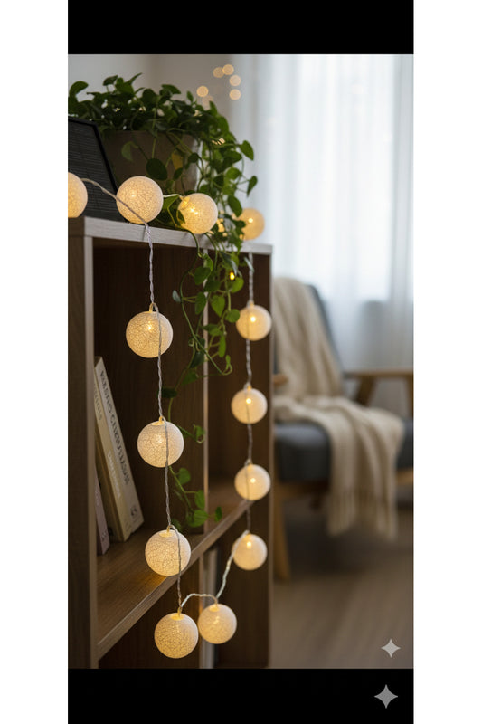 3 Metre 10 Top Cotton Ball LED Işık Zinciri - Dekoratif Pamuk Top Gece Lambası Sıcak Beyaz