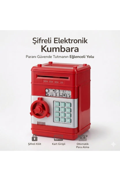 Kırmızı Şifreli Elektronik Kumbara Çocuklar İçin | ATM Kart Girişli Otomatik Para Yutan Para Kasası