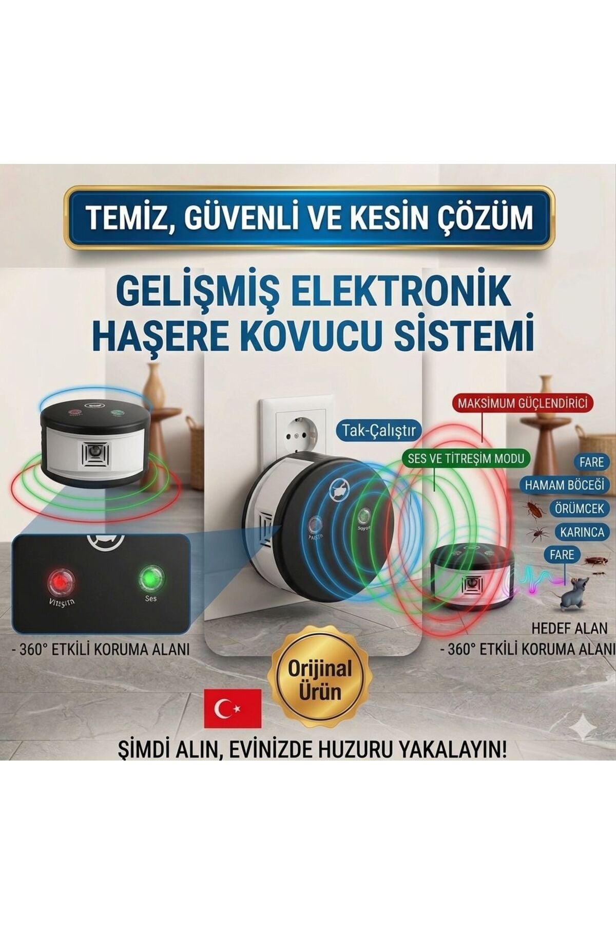 Ultrasonik Elektronik Haşere Kovucu - 360° Etkili Fare, Hamam Böceği ve Karınca Uzaklaştırıcı