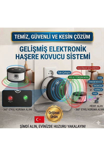Ultrasonik Elektronik Haşere Kovucu - 360° Etkili Fare, Hamam Böceği ve Karınca Uzaklaştırıcı