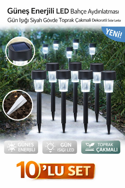 10’lu Set Güneş Enerjili LED Bahçe Aydınlatması, Gün Işığı Renk, Siyah Gövde, Toprak Çakmalı