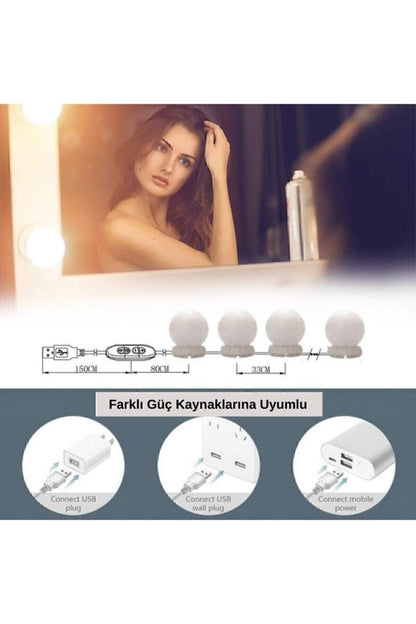 Nostalji Hollywood Tarzı 10'lu Makyaj Masası Aynası Beyaz Led Işıklı Lamba Usb Glrshop