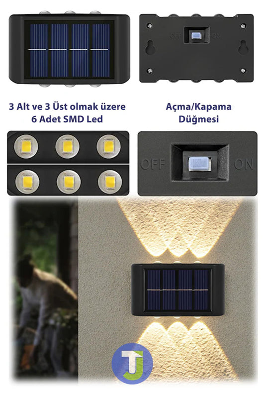 2 adet Solar Sensörlü Duvar Lambası – 6 LED Çift Yönlü Aydınlatma, Güneş Enerjili Dış Mekan Apliği