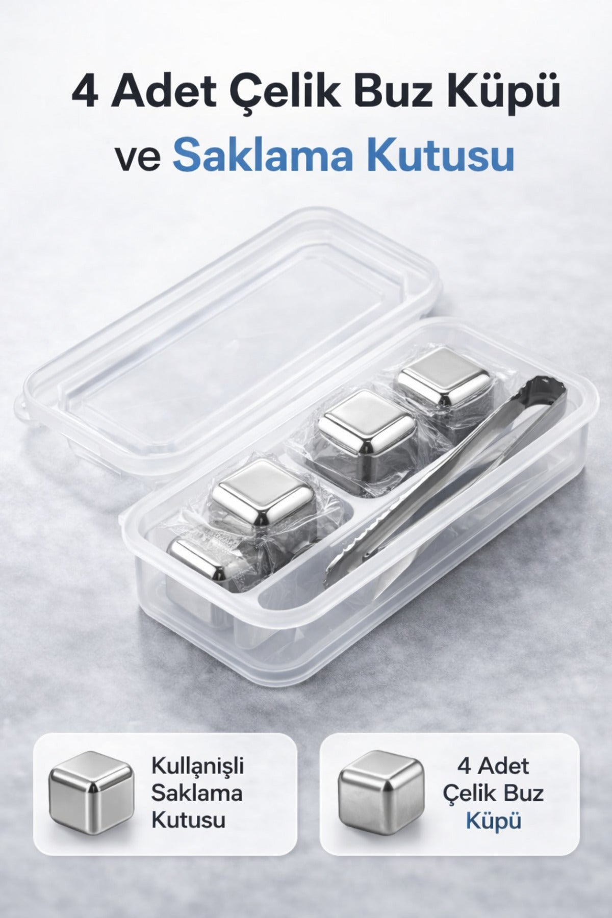 4 Adet Çelik Buz Küpleri – Eriyip Sulandırmayan Paslanmaz Metal Buz, Saklama Kutulu