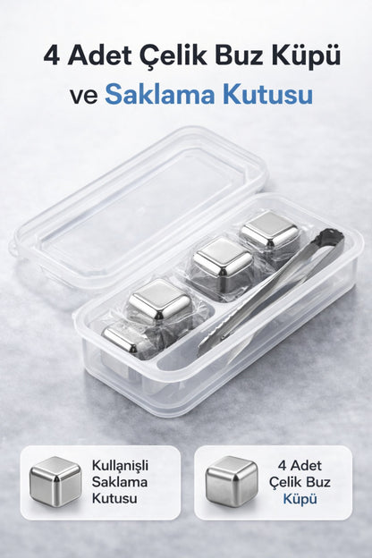 4 Adet Çelik Buz Küpleri – Eriyip Sulandırmayan Paslanmaz Metal Buz, Saklama Kutulu