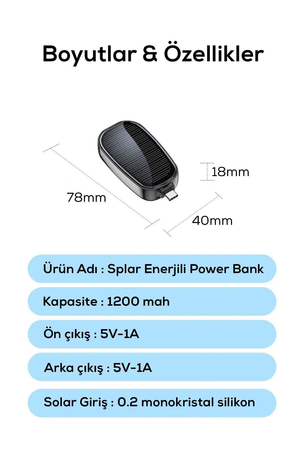 Solar Enerjili 1200mAh Taşınabilir Power Bank - Acil Durumlarda Kesintisiz Şarj