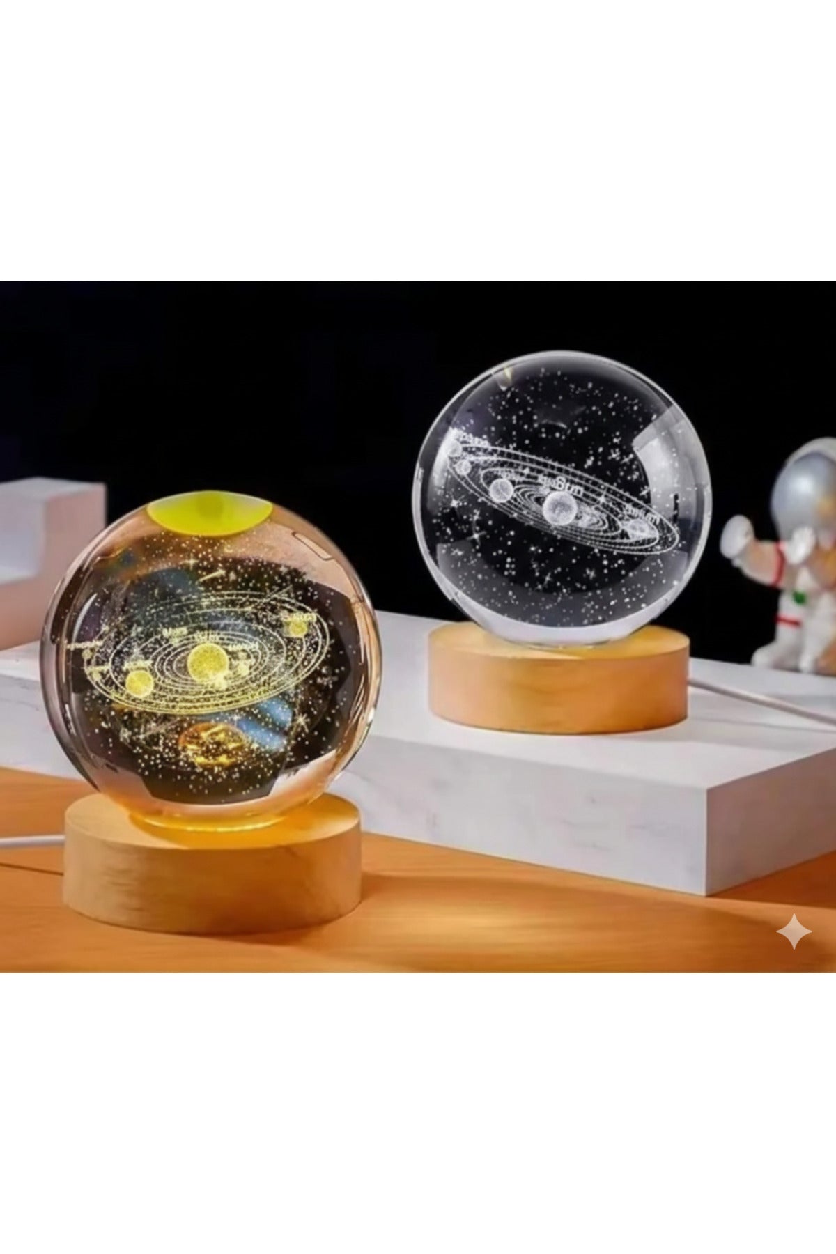 Güneş Sistemi Samanyolu Tasarımlı Işıklı Kristal Küre Gece Lambası Ahşap Dekoratif Masa Lambası
