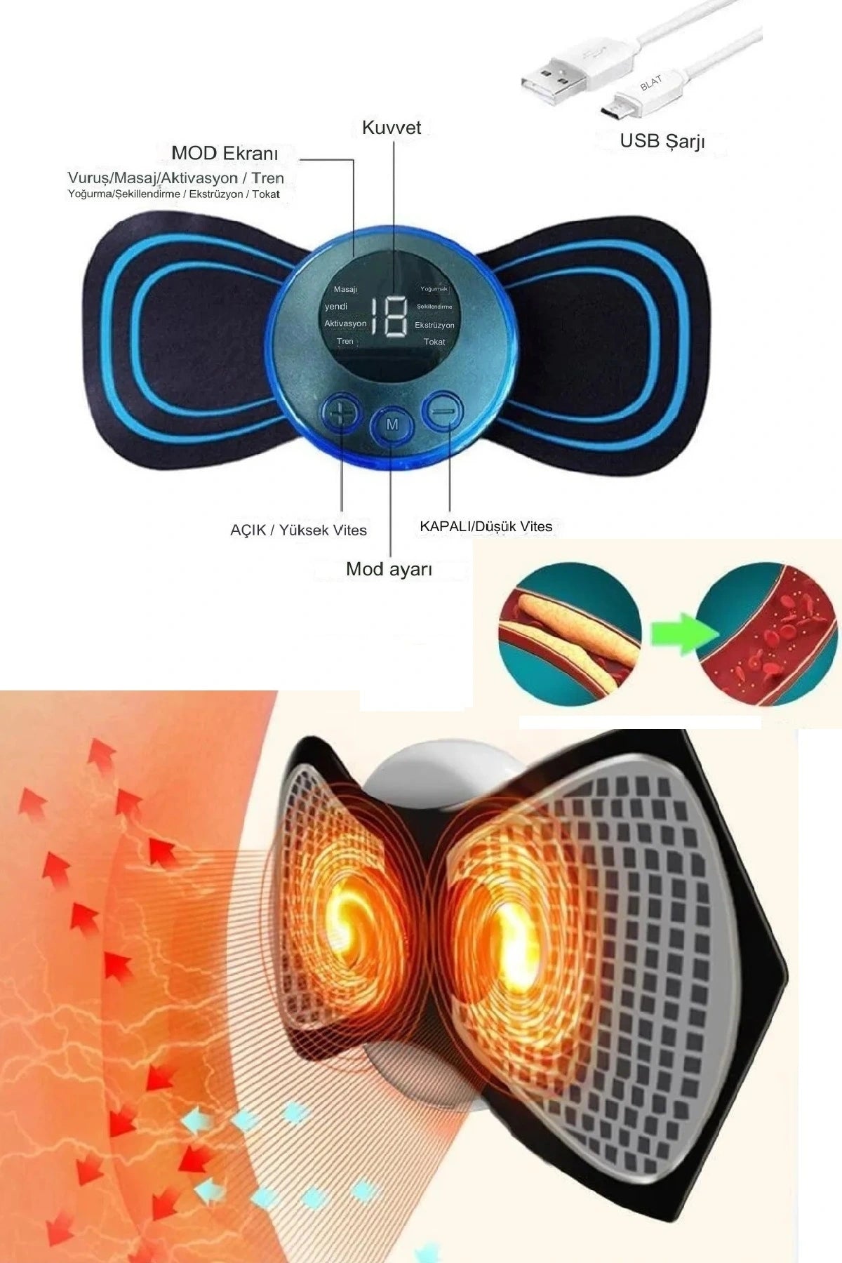 8 Modlu Mini Şarjlı Kelebek LCD Ekran Ems Boyun Omuz Kol Sırt Elektrikli Masaj Bantı Kas Stimülatörü