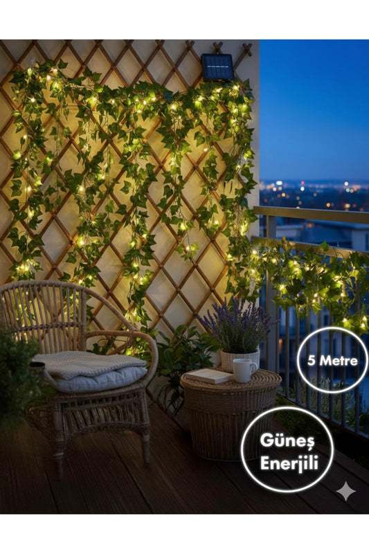 Solar Güneş Enerjili Sarmaşık Yapraklı Led Aydınlatma 5 Metre Dekoratif Bahçe Teras Balkon Işık