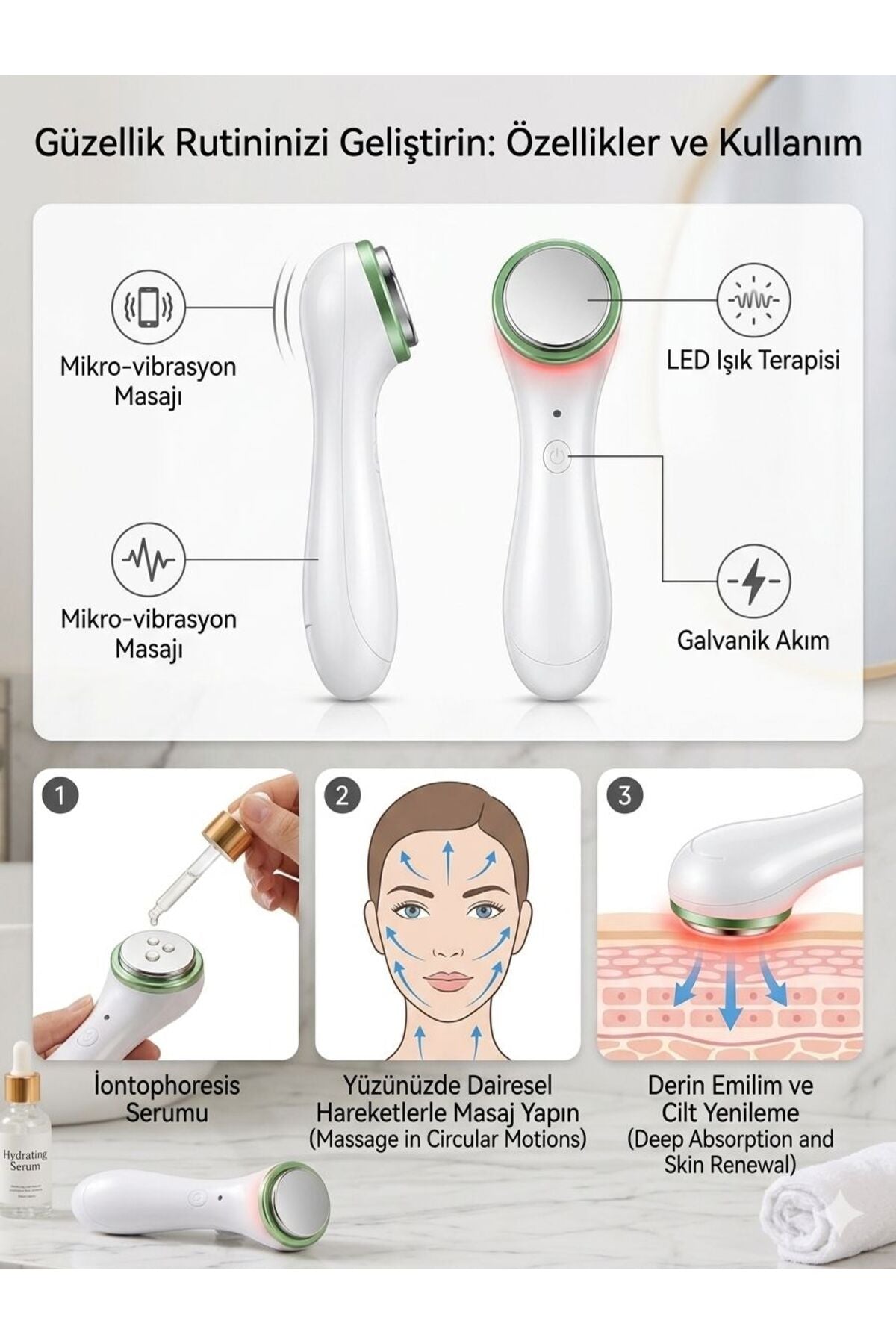 Titreşimli Cilt Bakım Cihazı - Yüz Masajı ve Serum Emilim Artırıcı Cihaz