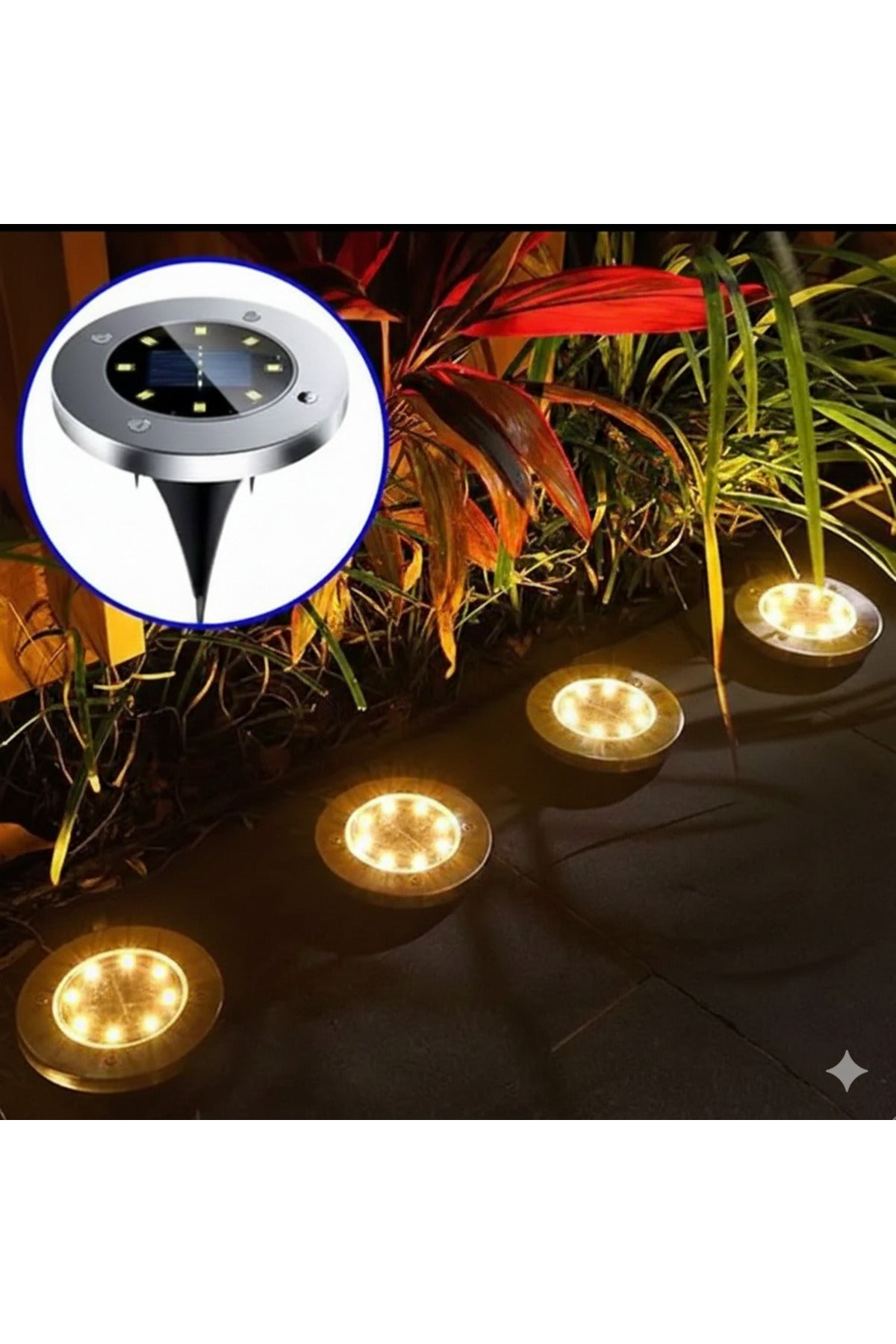8 LED Güneş Enerjili 4 Adet Solar Bahçe Aydınlatma Paslanmaz Çelik Su Geçirmez Armatür Saplama Lamba