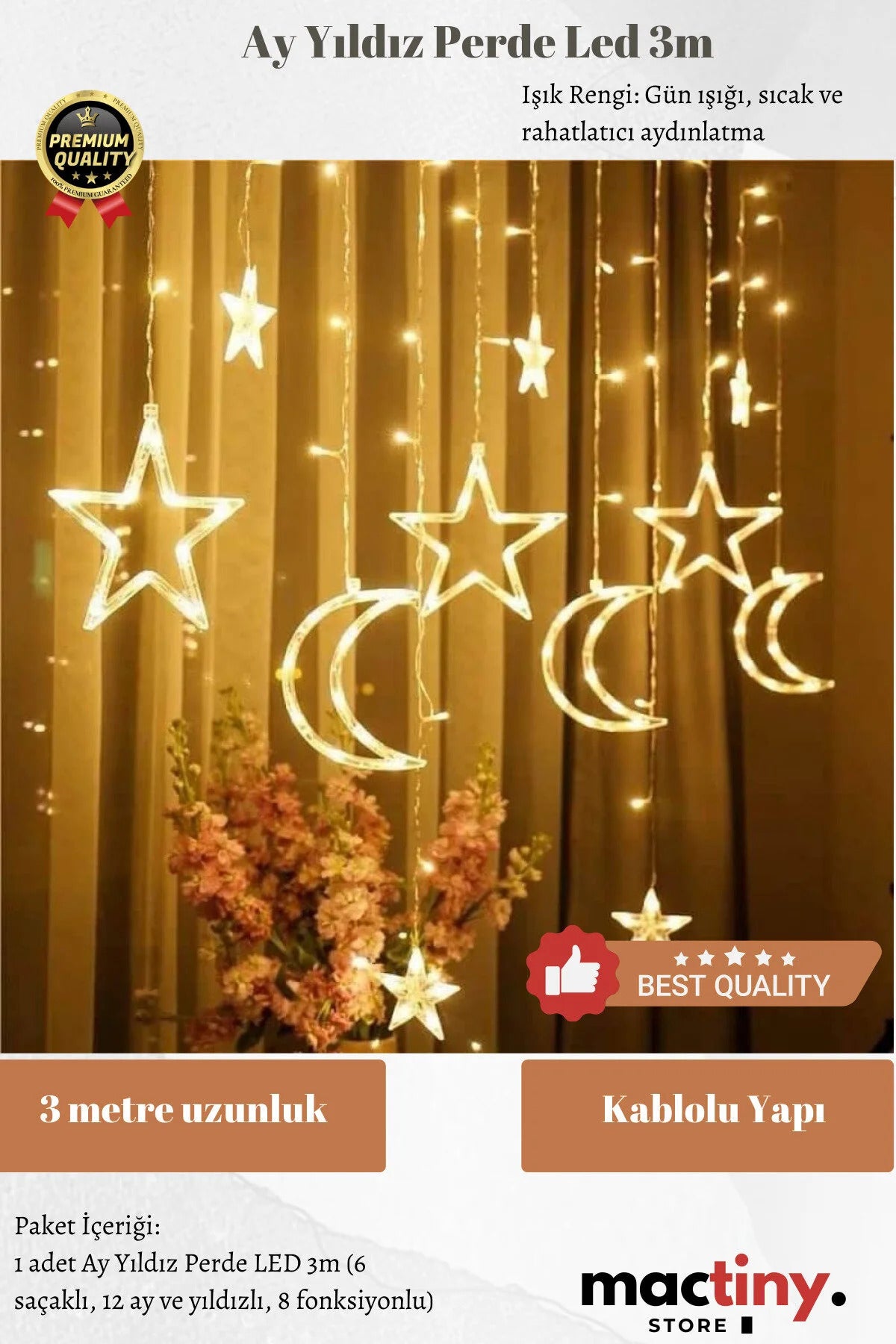 Ay Yıldız Figürlü Dekoratif Perde LED Işık 3 Metre Süsleme Lambası Gün Işığı Pencere Duvar Perde