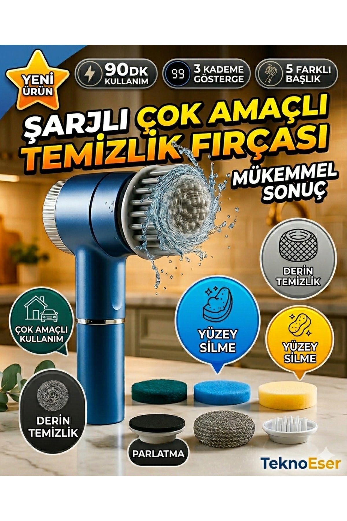 Şarjlı Çok Amaçlı Yüzey Temizlik Fırçası - 5 Başlıklı 3 Kademeli Ovma Ve Parlatma Makinesi